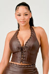 Laced Up Trim Faux Leather Halter Top