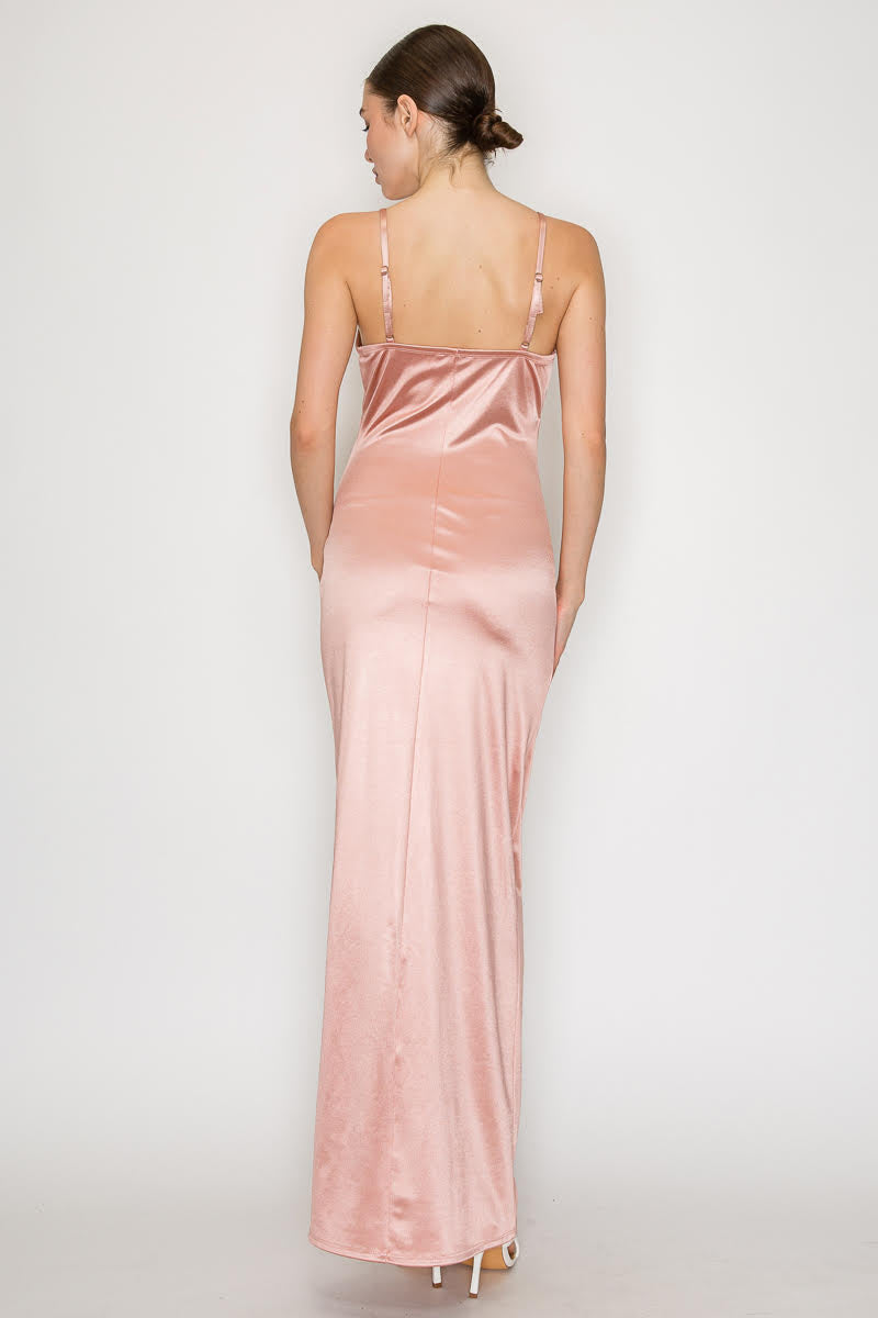 Stretch Satin High Slit Asym Gown