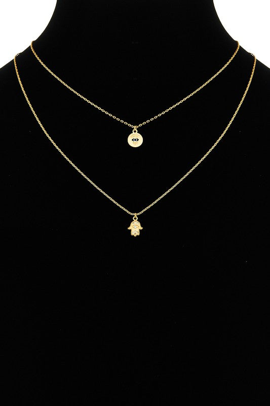 Dbl Layer Humsa 3rd Eye Necklace Gold
