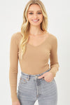 V-Neck Solid Rib Knit Long Sleeve Bodysuit