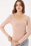 V-Neck Solid Rib Knit Long Sleeve Bodysuit