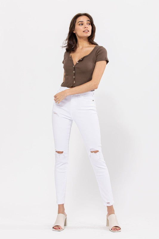 High Rise Knee-Distress Skinny