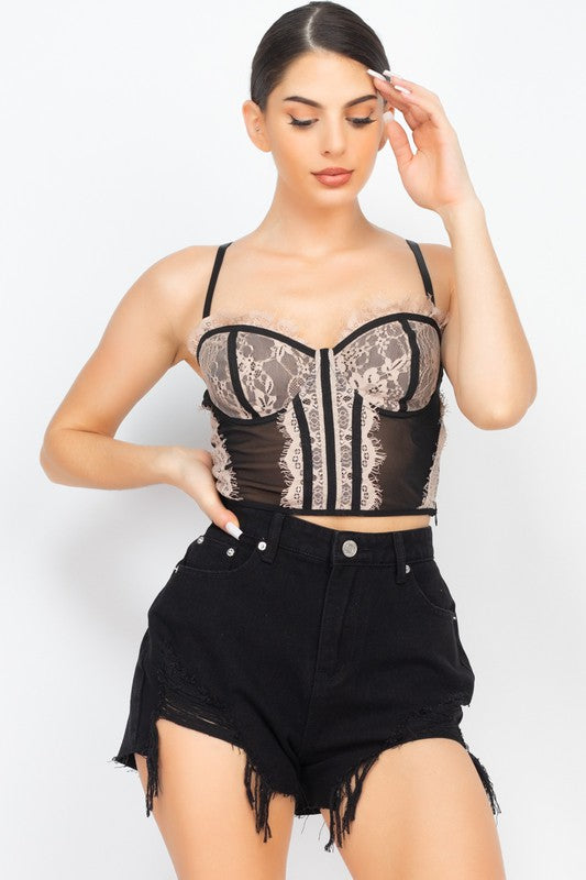 Lace Mesh Trim Padded Tank Top