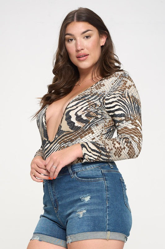 Plunge Neck Animal Print Long Sleeve Bodysuit
