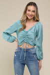 Solid Satin Tie Front Ruched Long Sleeve Top