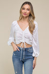 Solid Satin Tie Front Ruched Long Sleeve Top