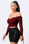 Ruched Bustier Long Sleeve Off Shoulder Crop Top