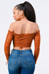 Ruched Bustier Long Sleeve Off Shoulder Crop Top