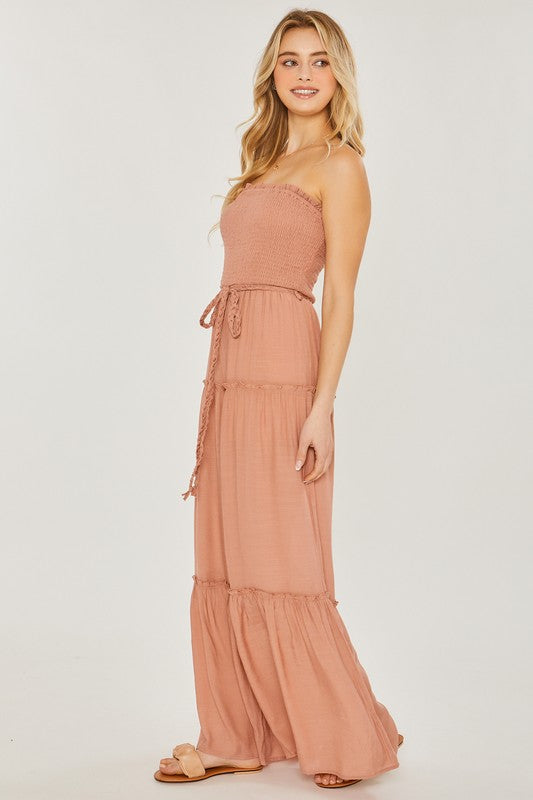 Smocked Sleeveless Ruffle Wide Leg Jumpsuit