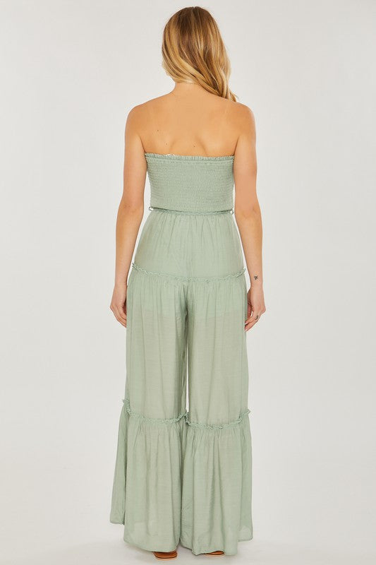 Smocked Sleeveless Ruffle Wide Leg Jumpsuit