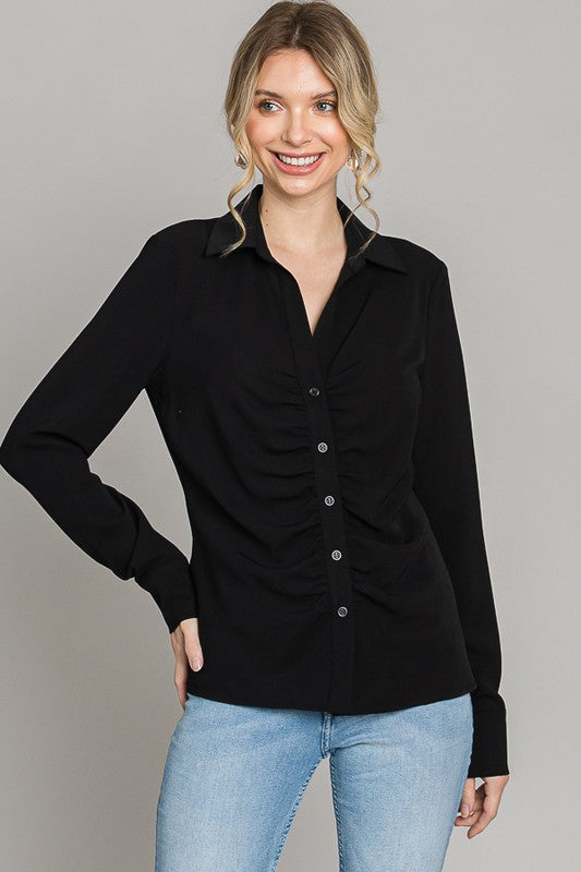 Solid Ruched Button-V Neck Shirt