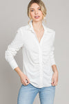 Solid Ruched Button-V Neck Shirt