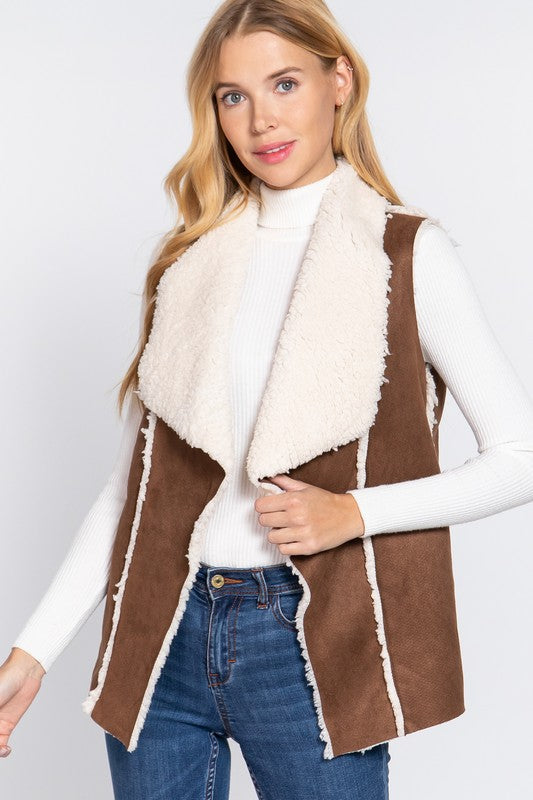 Faux Suede Sherpa Shawl Collar Vest