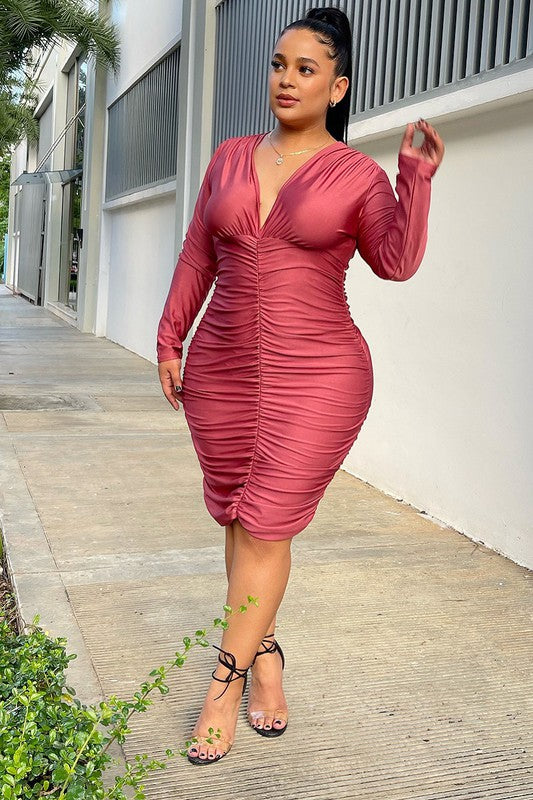 Solid Satin Ruch Long Sleeve Bodycon Dress