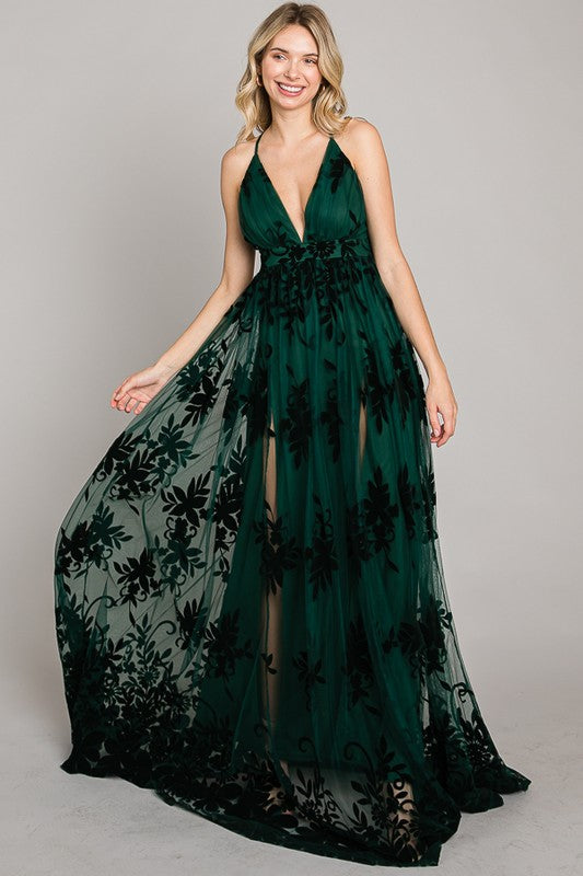 Velvet Print Flocked V-Long Dress