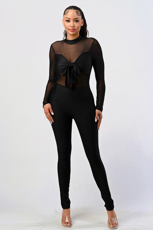 Mesh Bow Tie Front High Neck Long Sleeve Jumpsuit