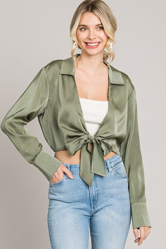 Satin Front Tie Cuff Long Sleeve Top