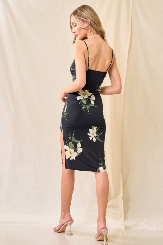Lily Flower Print Midi Slit Dress