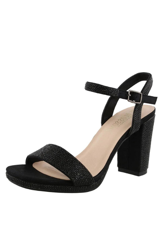 Morita All Crystal Ankle Strap Block Heel