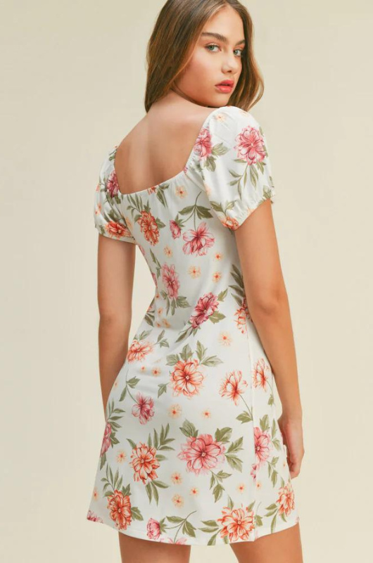 Floral Print Puff Sleeve Tie Front Mini Dress