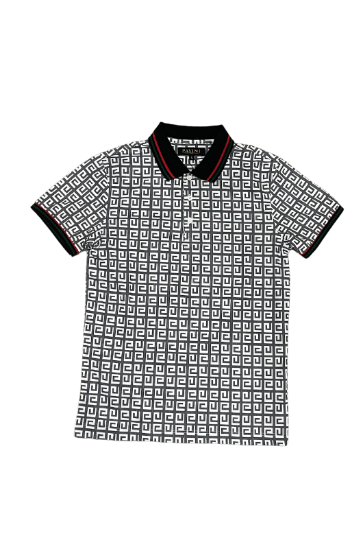 All Over Geometric Stripe Short Sleeve Polo