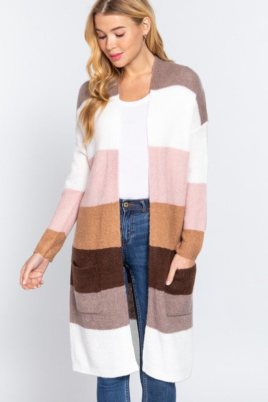 Long Sleeve Open Front Color Blocked Cardigan