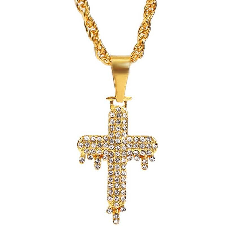 Rhinstone Drip Cross Pendant Necklace