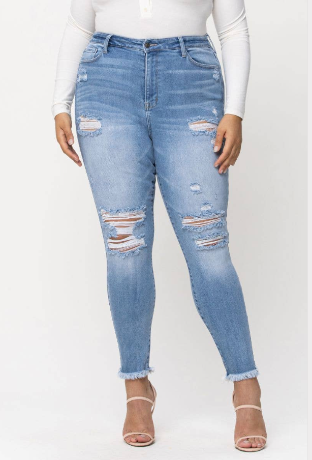 High Rise Destroy Fray Hem Ankle Skinny Jean