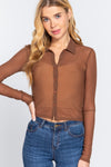 Mesh Notch Collar Long Sleeve Button Front Top