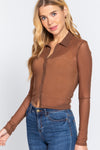 Mesh Notch Collar Long Sleeve Button Front Top