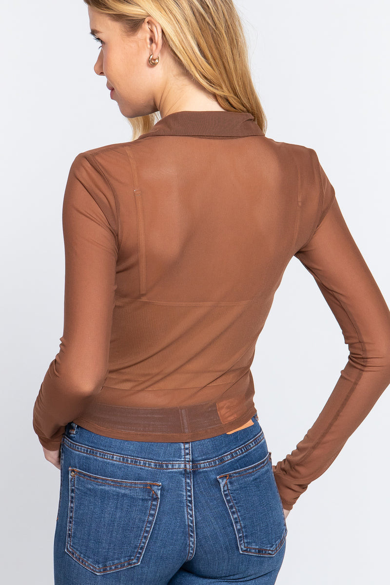 Mesh Notch Collar Long Sleeve Button Front Top