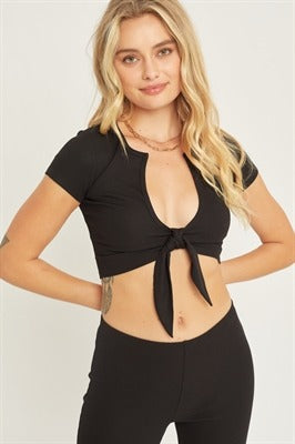 Rib Knit Tie Front Short Sleeve Crop Top