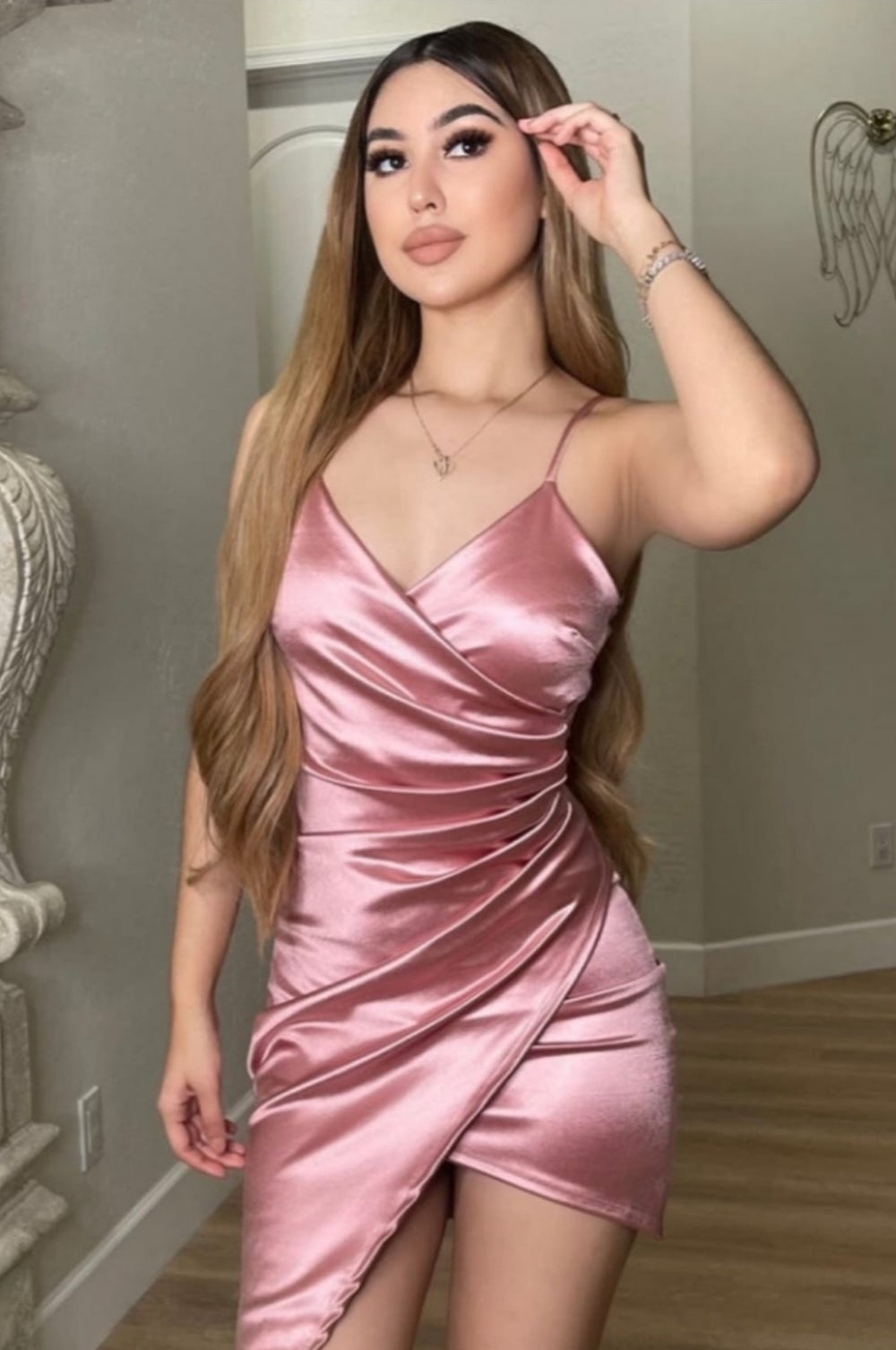 solid bodycon satin mini dress Yangnuo Women's Ruched Halter V-Neck Dresses Ladies Satin Mini Dress Elegant Solid Color Bodycon Party Vacation Cocktail Dress