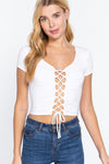 Front Lace Up Short Sleeve Crop Top