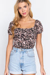 Floral Ruched Open Back Short Sleeve Top