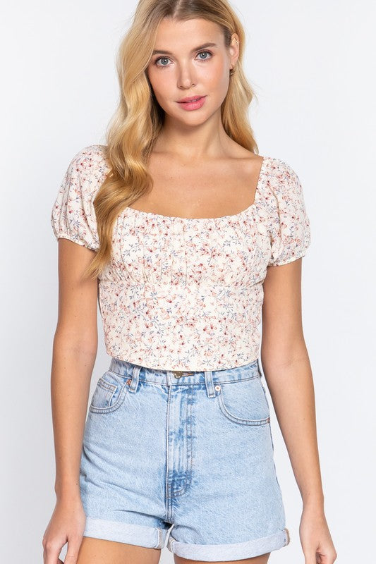 Floral Ruched Open Back Short Sleeve Top