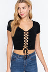 Front Lace Up Short Sleeve Crop Top