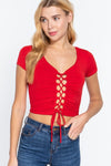 Front Lace Up Short Sleeve Crop Top